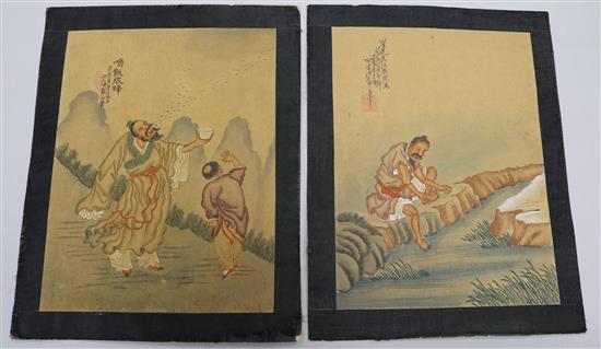 Chinese School, pair of watercolours, a man with bees coming out of his mouth and a figure beside a stream, 24 x 18cm, unframed